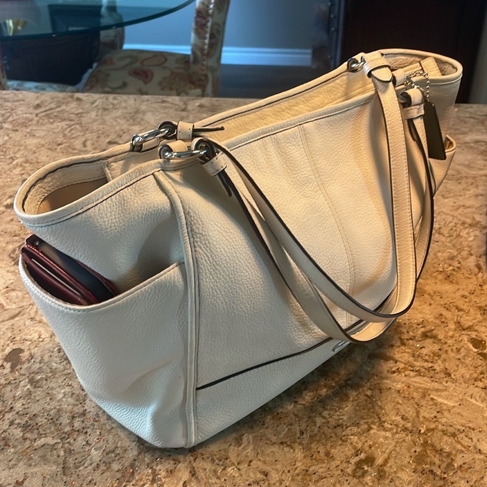 Coach Cream Leather Shoulder Tote with Black Trim